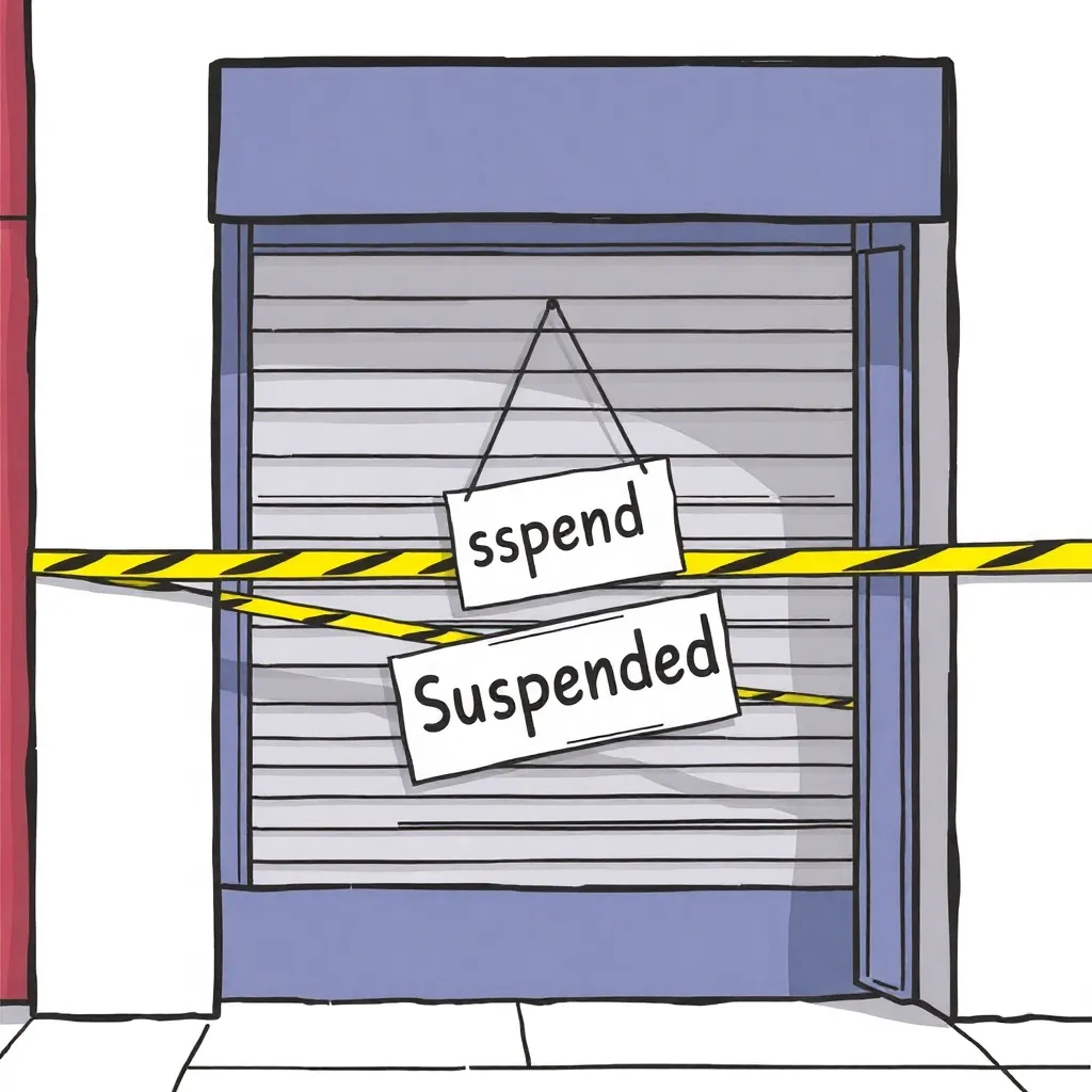 Illustration of a closed store with a 'Suspended' sign hanging on the door, showing a storefront with shutter down and a caution tape across